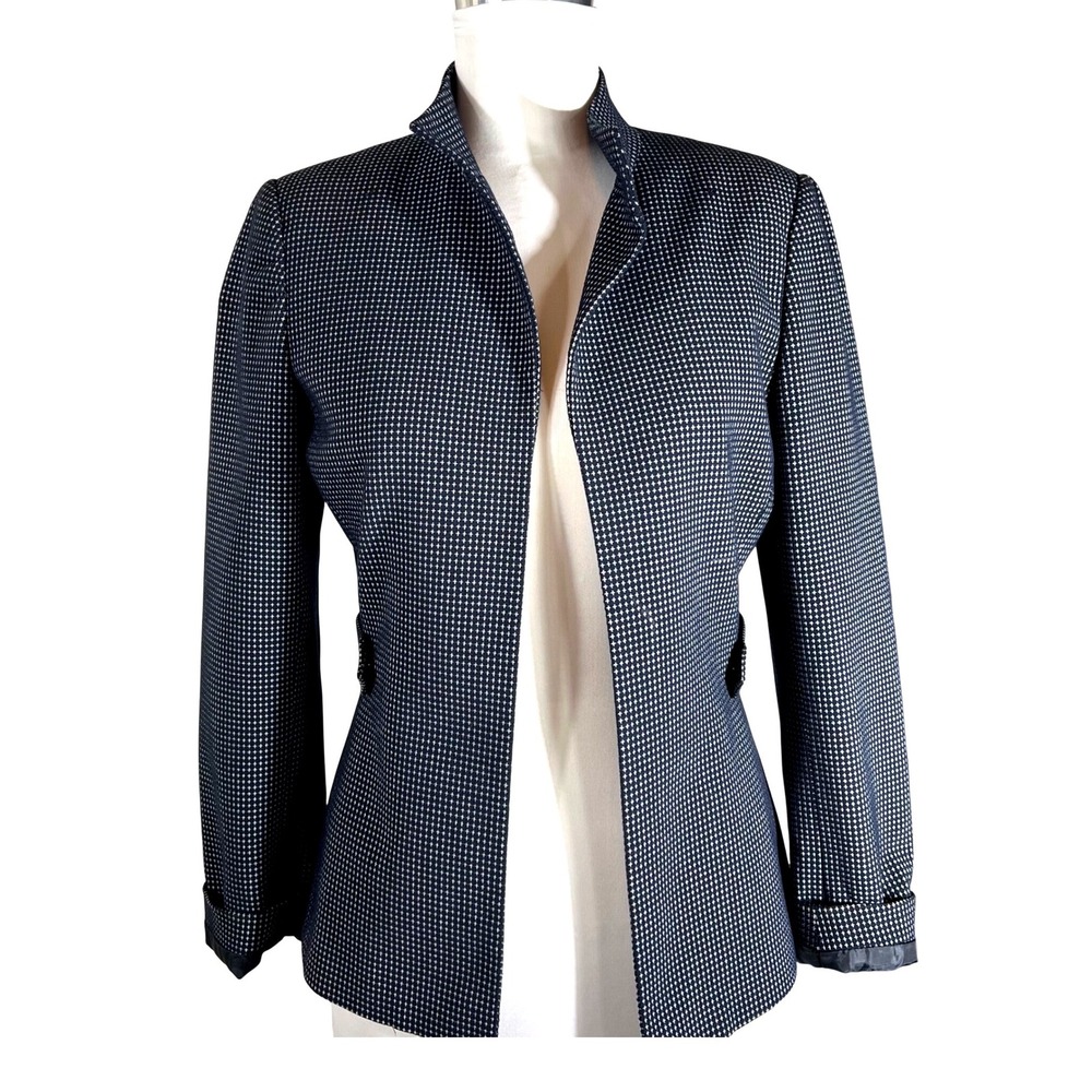Tahari Arthur‎ S Levine Womens 4 Navy Blue White Micro Pattern Open Front Blazer